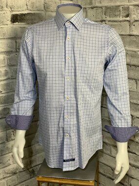 English Laundry Dress Shirt Mens 16 Blue Check Flip Cuff Long Sleeve Button Up